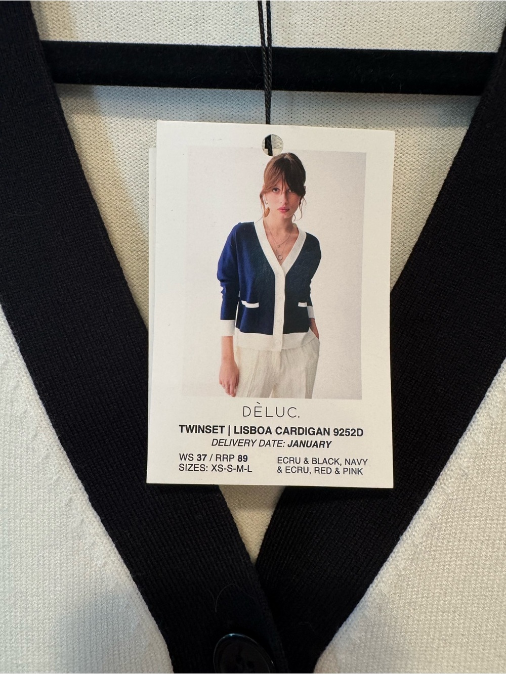 Deluc Ecru Cardigan Sweater with Black Trim LG - Picture 3 of 7